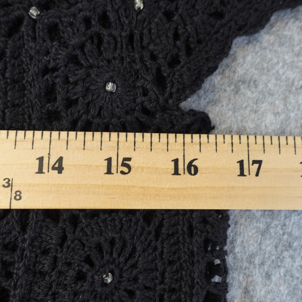 Vintage 90s Crochet Cardigan Womens Medium Black Beaded Granny Square Top Ramie - Picture 4 of 6